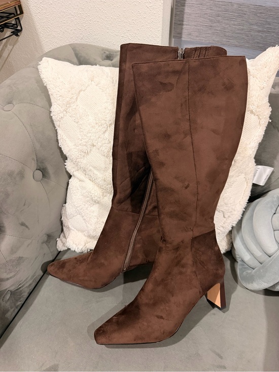 None Shoes - Women's Over-the-Knee Brown Suede Block Heel Boots